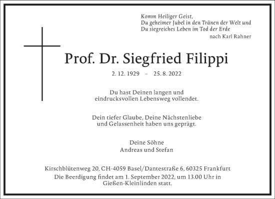 Traueranzeige von Siegfried Filippi von Frankfurter Allgemeine Zeitung