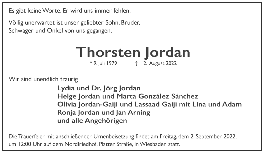  Traueranzeige für Thorsten Jordan vom 27.08.2022 aus Frankfurter Allgemeine Zeitung
