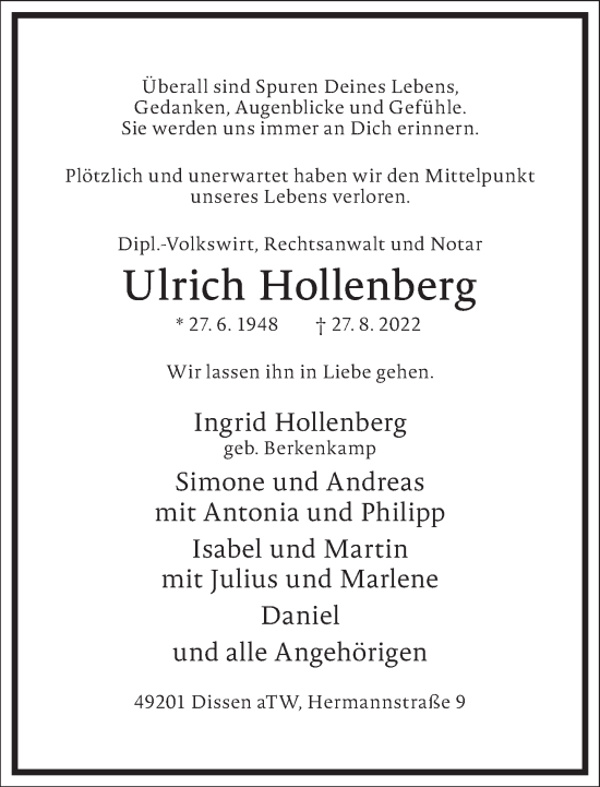 Traueranzeige von Ulrich Hollenberg von Frankfurter Allgemeine Zeitung