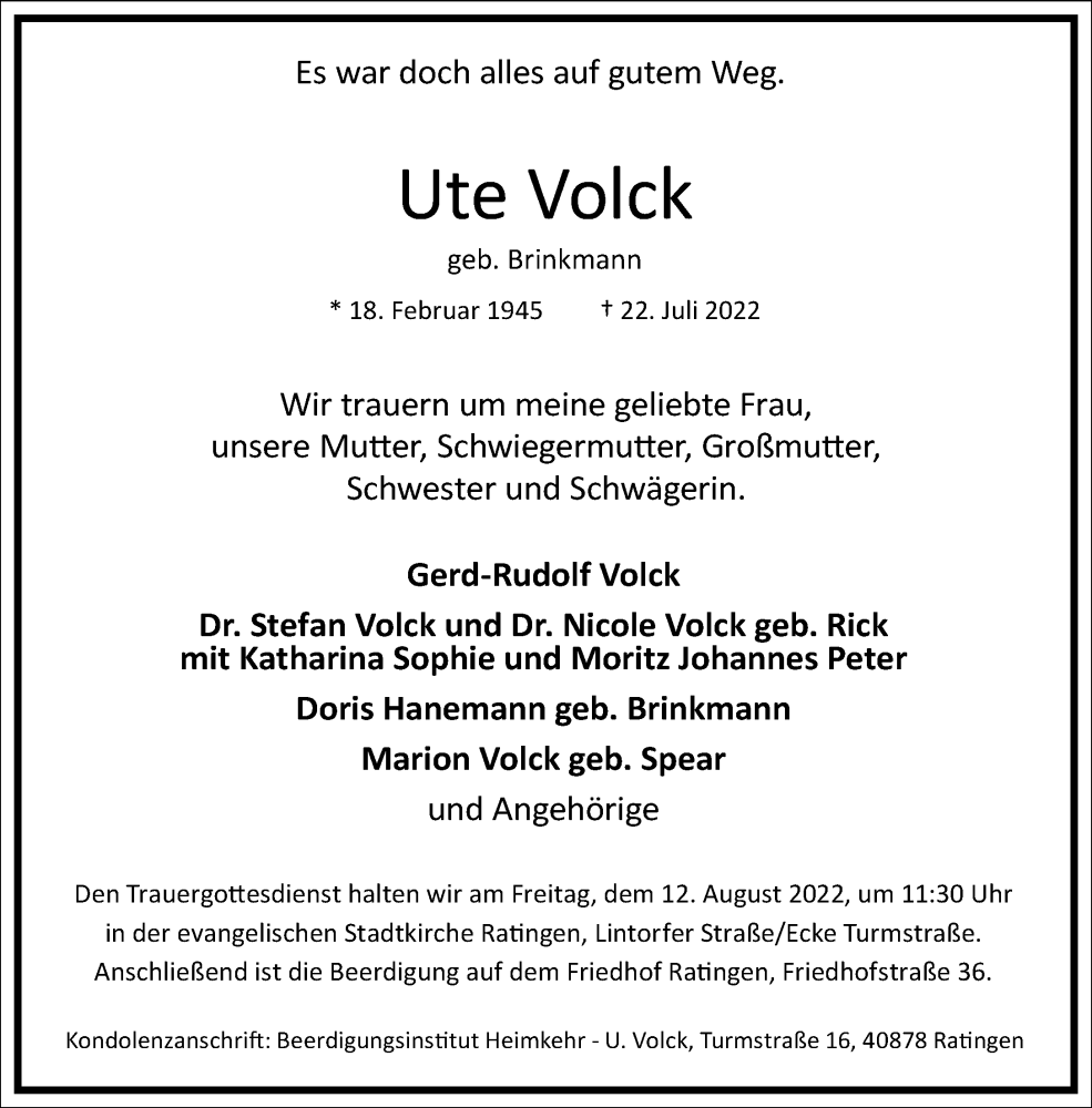  Traueranzeige für Ute Volck vom 06.08.2022 aus Frankfurter Allgemeine Zeitung
