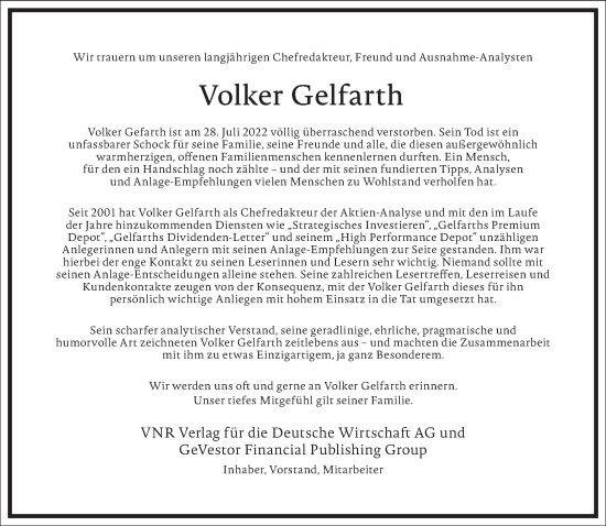 Traueranzeige von Volker Gelfarth von Frankfurter Allgemeine Zeitung