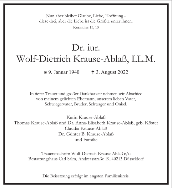 Traueranzeige von Wolf-Dietrich Krause-Ablaß von Frankfurter Allgemeine Zeitung