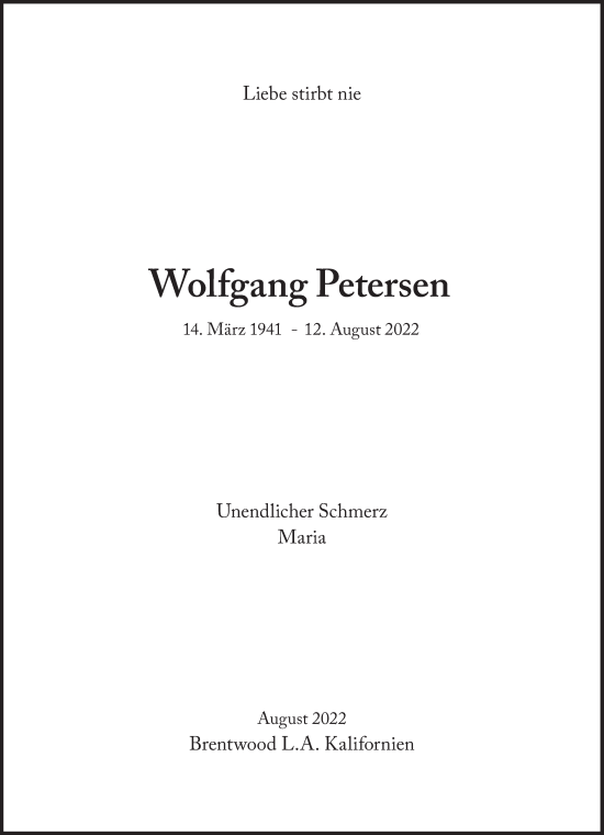 Traueranzeige von Wolfgang Petersen von Frankfurter Allgemeine Zeitung