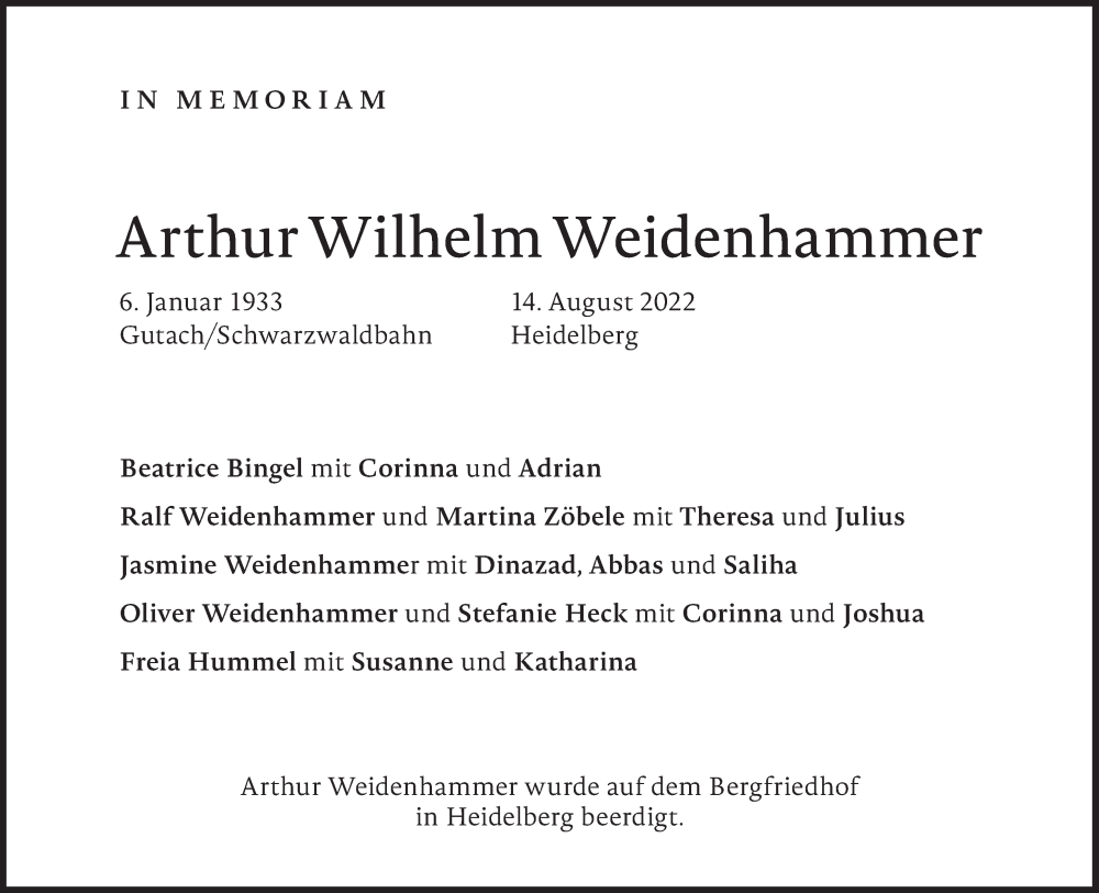  Traueranzeige für Arthur Wilhelm Weidenhammer vom 10.09.2022 aus Frankfurter Allgemeine Zeitung