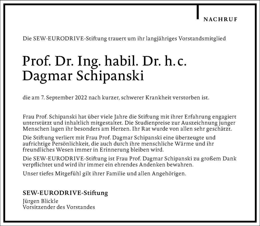  Traueranzeige für Dagmar Schipanski vom 21.09.2022 aus Frankfurter Allgemeine Zeitung