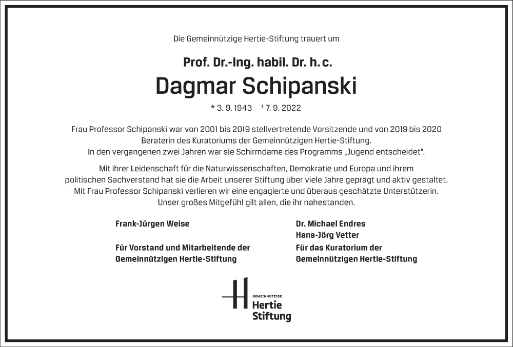  Traueranzeige für Dagmar Schipanski vom 17.09.2022 aus Frankfurter Allgemeine Zeitung