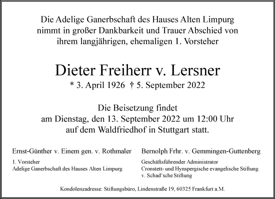 Traueranzeige von Dieter Freiherr v. Lersner von Frankfurter Allgemeine Zeitung