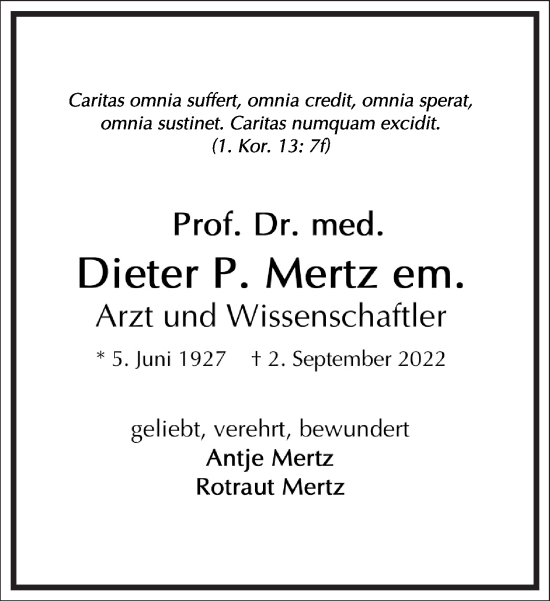 Traueranzeige von Dieter P. Mertz von Frankfurter Allgemeine Zeitung