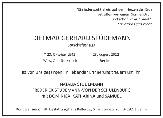 Traueranzeige von Dietmar Gerhard Stüdemann von Frankfurter Allgemeine Zeitung