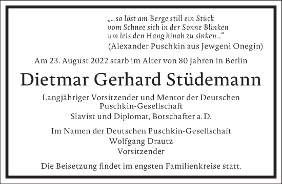 Traueranzeige von Dietmar Gerhard Stüdemann von Frankfurter Allgemeine Zeitung