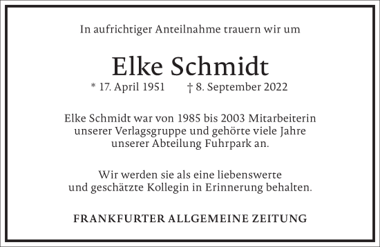 Traueranzeige von Elke Schmidt von Frankfurter Allgemeine Zeitung