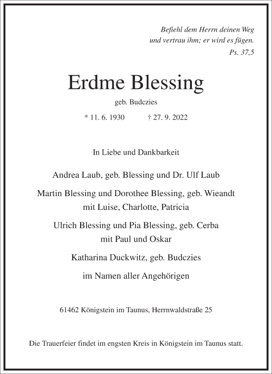 Traueranzeige von Erdme Blessing von Frankfurter Allgemeine Zeitung