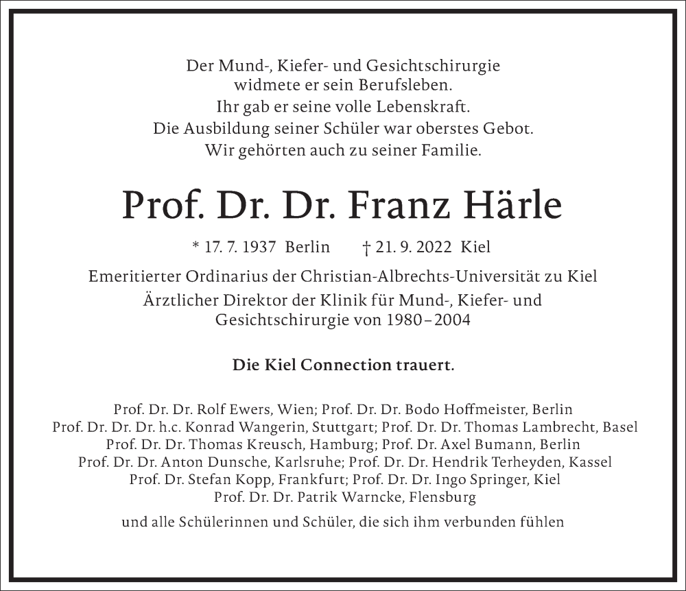  Traueranzeige für Franz Härle vom 01.10.2022 aus Frankfurter Allgemeine Zeitung