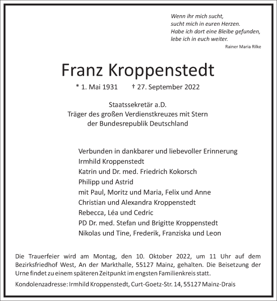 Traueranzeige von Franz Kroppenstedt von Frankfurter Allgemeine Zeitung