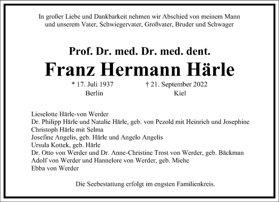 Traueranzeige von Franz Hermann Härle von Frankfurter Allgemeine Zeitung
