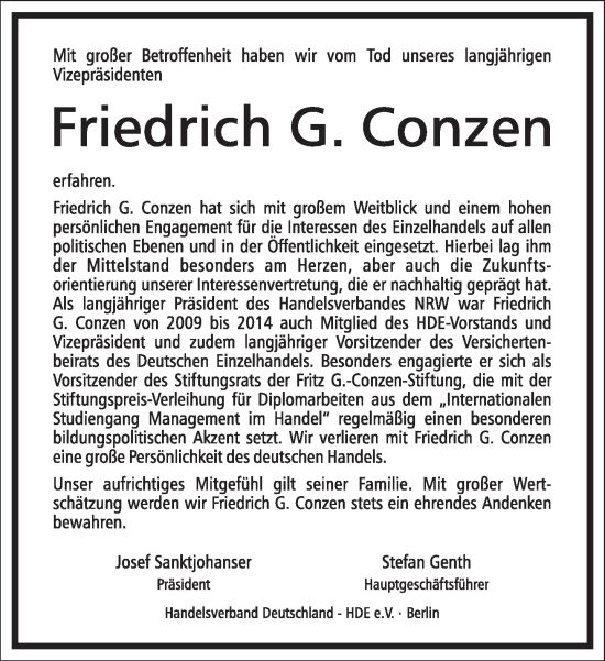 Traueranzeige von Friedrich Conzen von Frankfurter Allgemeine Zeitung