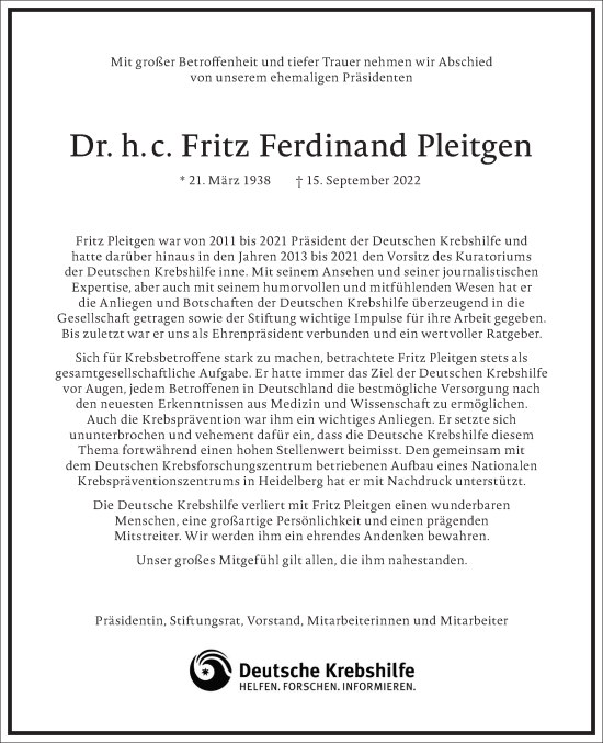 Traueranzeige von Fritz Ferdinand Pleitgen von Frankfurter Allgemeine Zeitung