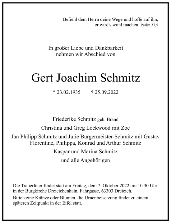 Traueranzeige von Gert Joachim Schmitz von Frankfurter Allgemeine Zeitung
