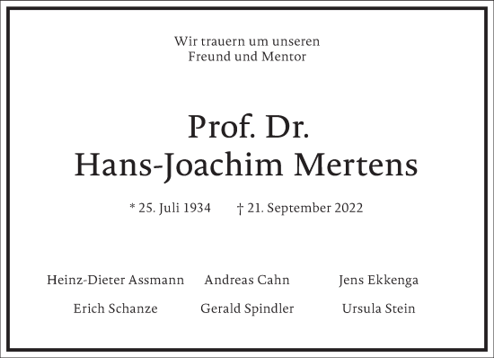 Traueranzeige von Hans-Joachim Mertens von Frankfurter Allgemeine Zeitung