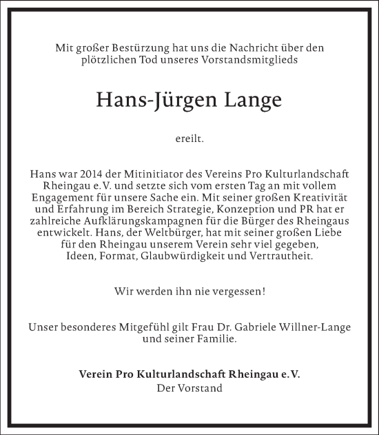 Traueranzeige von Hans-Jürgen Lange von Frankfurter Allgemeine Zeitung