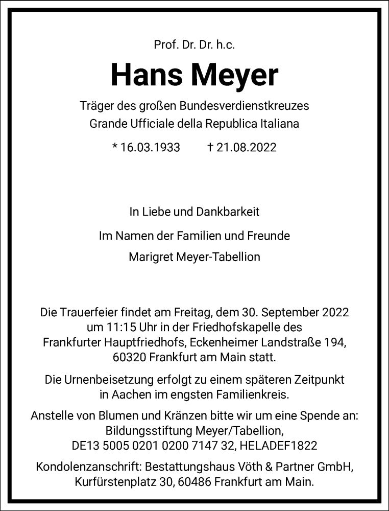  Traueranzeige für Hans Meyer vom 21.09.2022 aus Frankfurter Allgemeine Zeitung