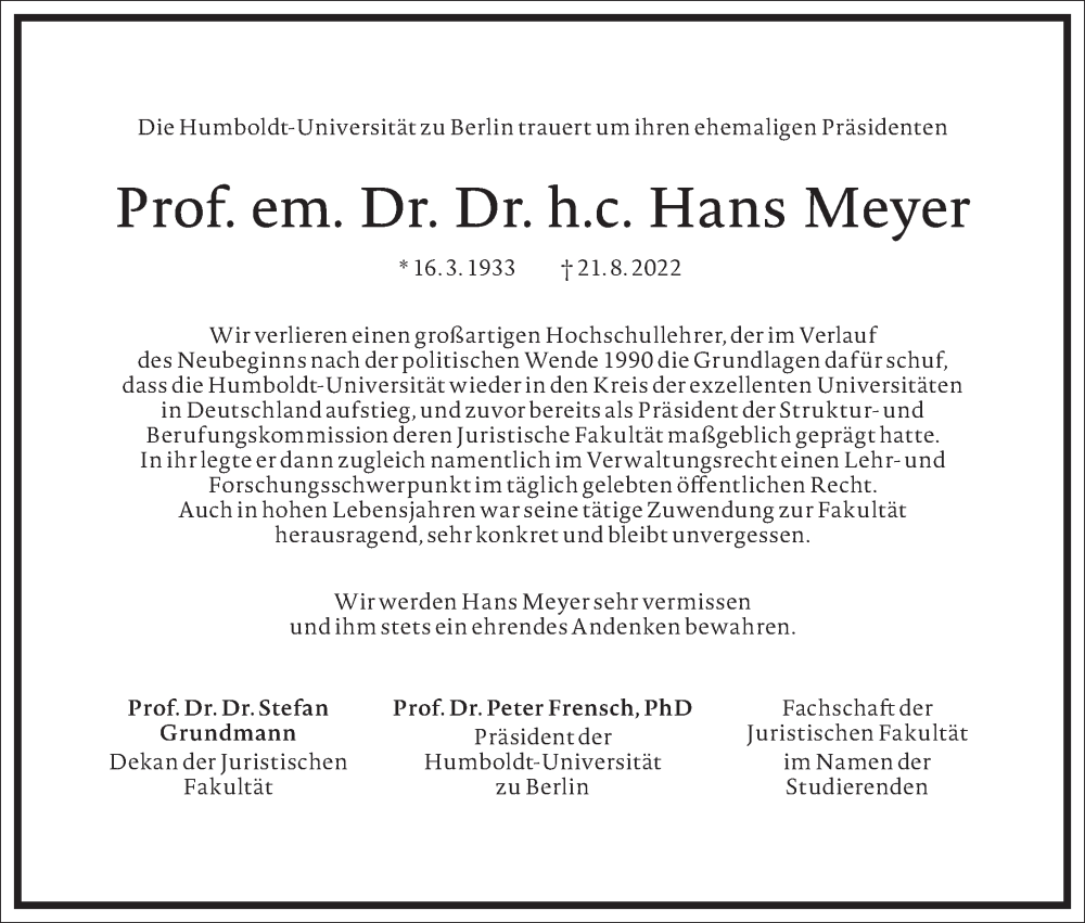  Traueranzeige für Hans Meyer vom 17.09.2022 aus Frankfurter Allgemeine Zeitung