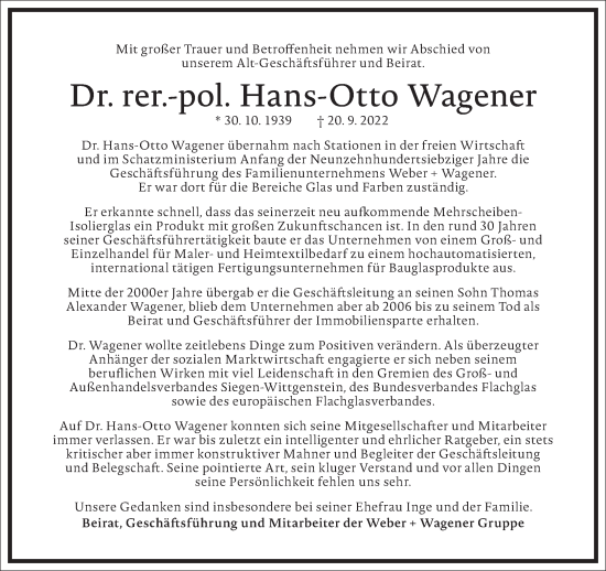 Traueranzeige von Hans-Otto Wagener von Frankfurter Allgemeine Zeitung