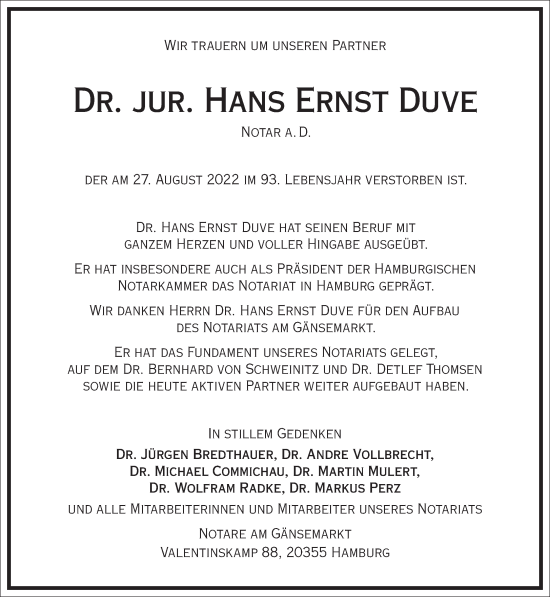 Traueranzeige von Hans Ernst Duve von Frankfurter Allgemeine Zeitung
