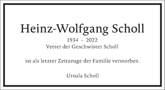 Traueranzeige von Heinz-Wolfgang Scholl von Frankfurter Allgemeine Zeitung