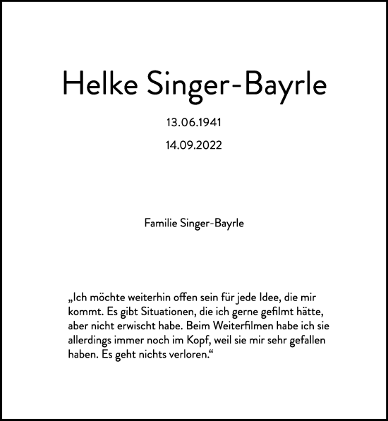Traueranzeige von Helke Singer-Bayrle von Frankfurter Allgemeine Zeitung