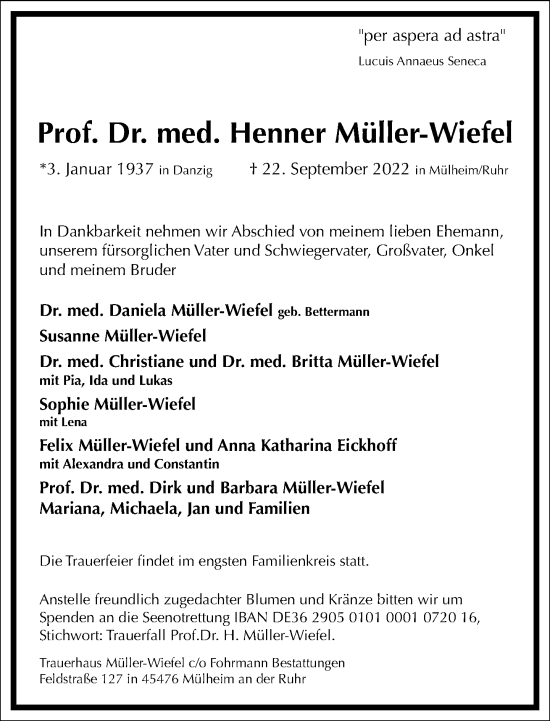 Traueranzeige von Henner Müller-Wiefel von Frankfurter Allgemeine Zeitung