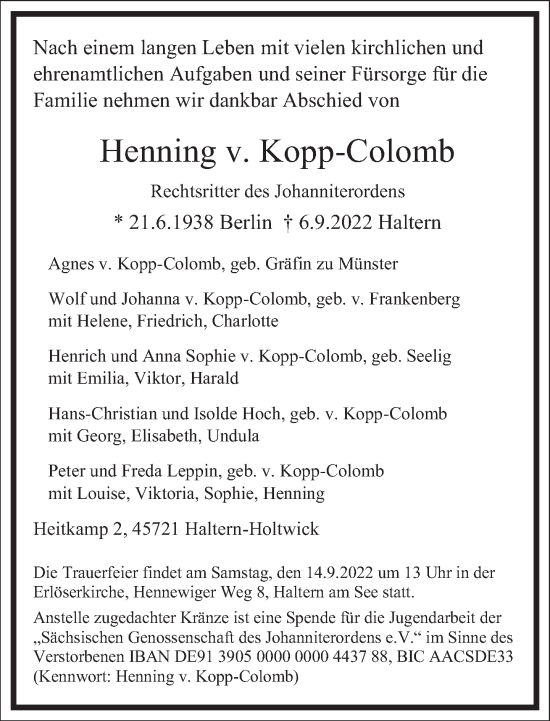 Traueranzeige von Henning v. Kopp-Colomb von Frankfurter Allgemeine Zeitung