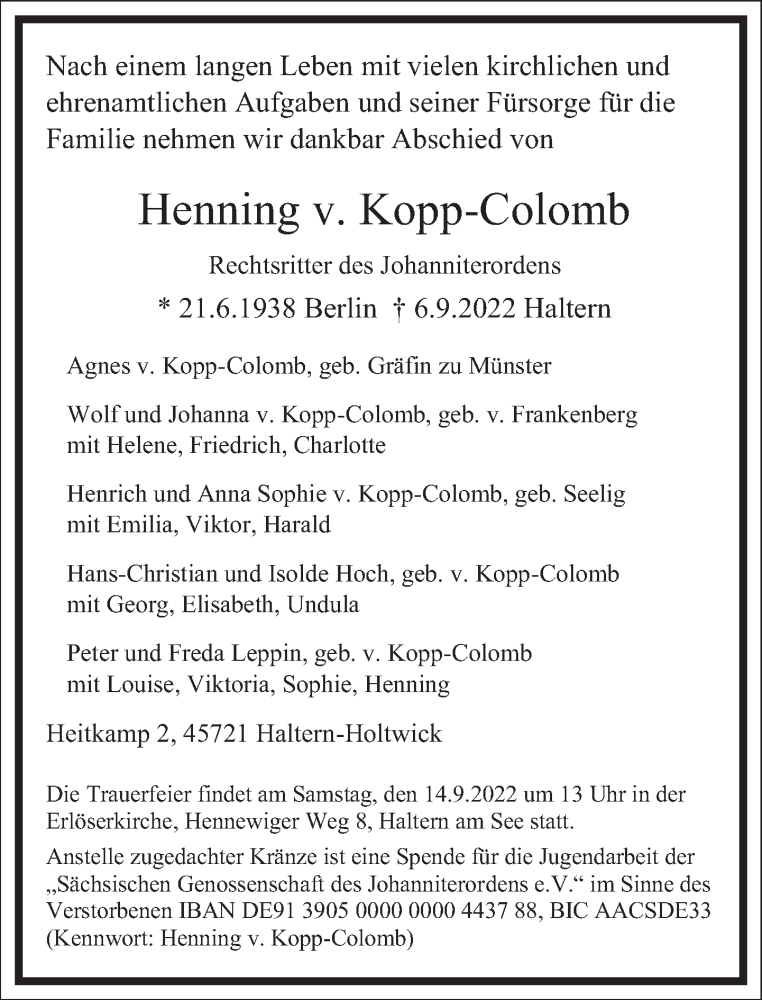  Traueranzeige für Henning v. Kopp-Colomb vom 13.09.2022 aus Frankfurter Allgemeine Zeitung