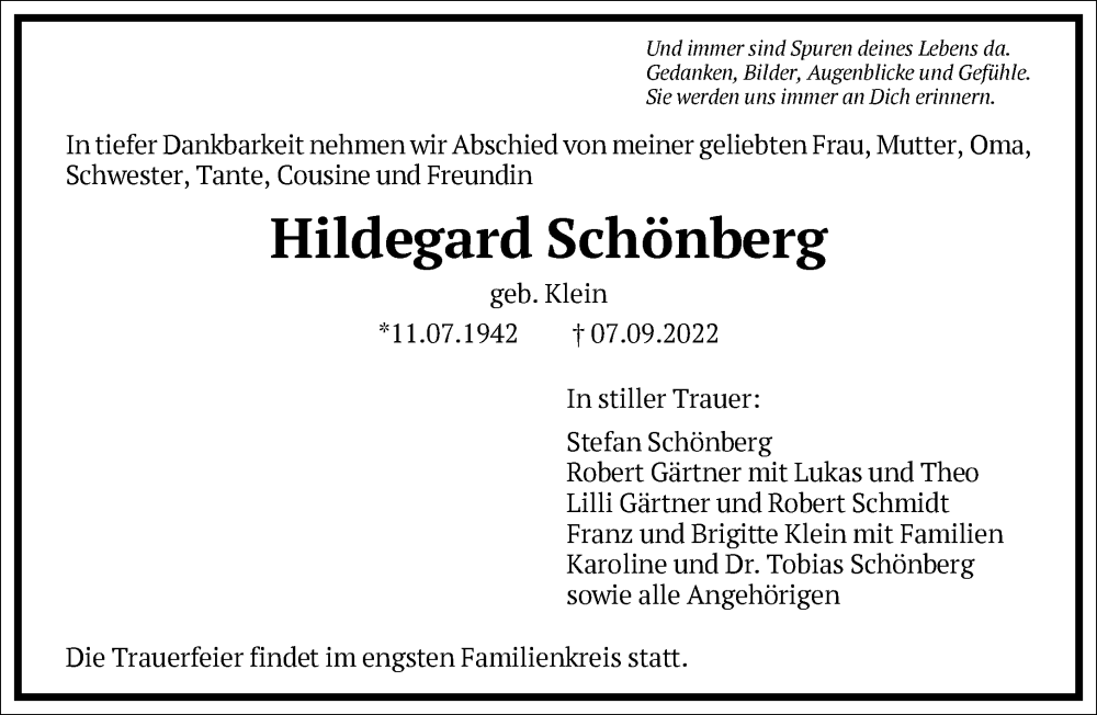  Traueranzeige für Hildegard Schönberg vom 21.09.2022 aus Frankfurter Allgemeine Zeitung