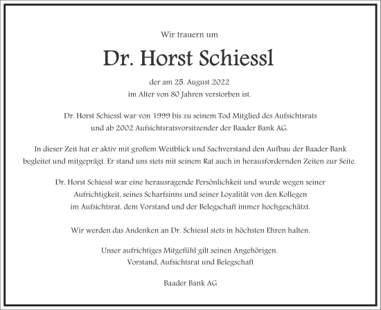 Traueranzeige von Horst Schiessl von Frankfurter Allgemeine Zeitung