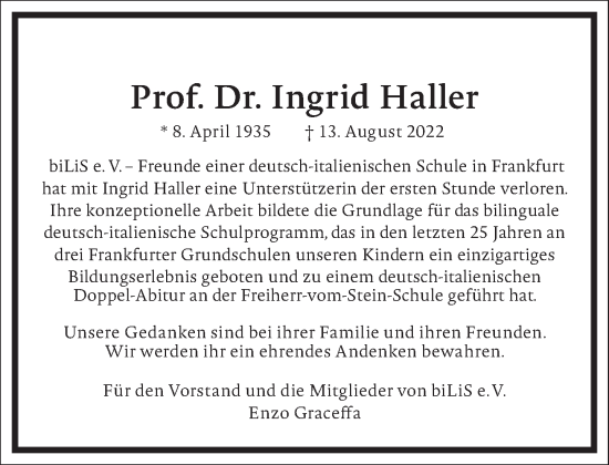 Traueranzeige von Ingrid Haller von Frankfurter Allgemeine Zeitung