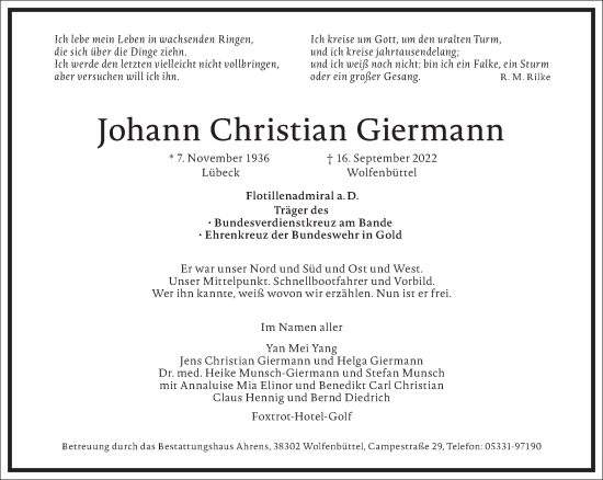 Traueranzeige von Johann Christian Giermann von Frankfurter Allgemeine Zeitung