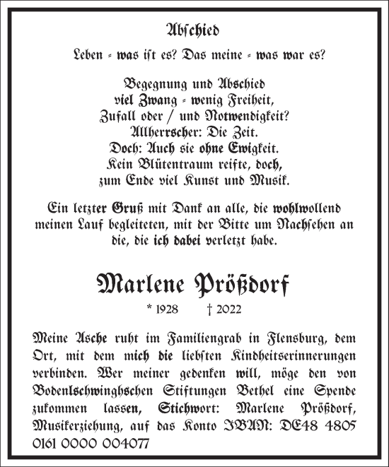 Traueranzeige von Marlene Prößdorf von Frankfurter Allgemeine Zeitung