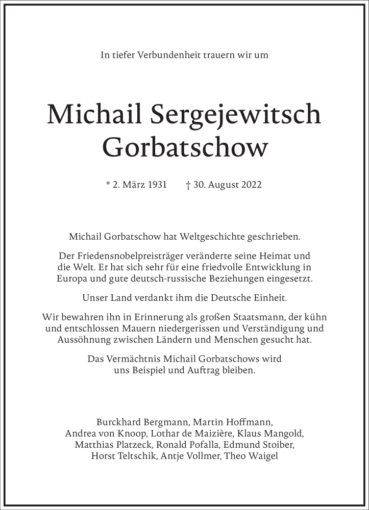  Traueranzeige für Michail Sergejewitsch Gorbatschow vom 03.09.2022 aus Frankfurter Allgemeine Zeitung