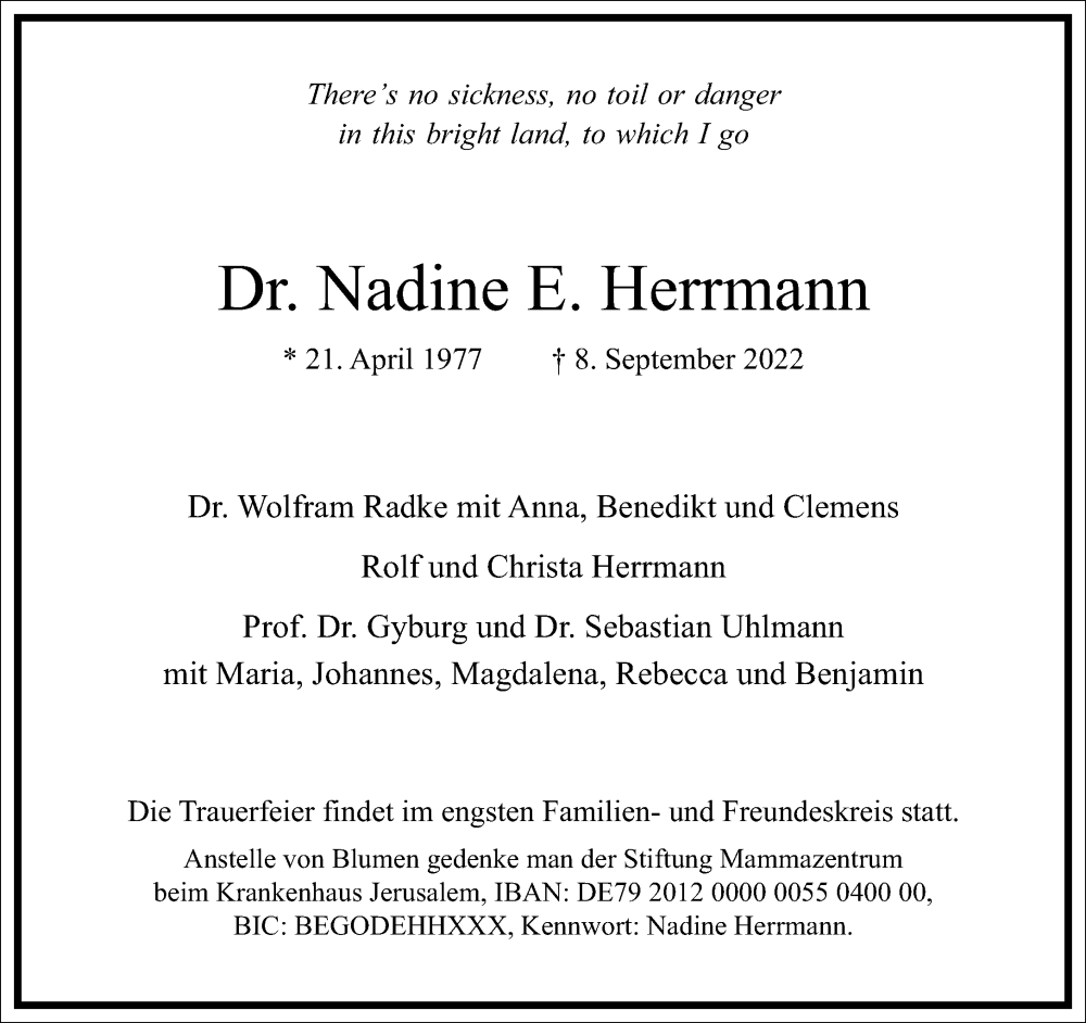  Traueranzeige für Nadine E. Herrmann vom 17.09.2022 aus Frankfurter Allgemeine Zeitung