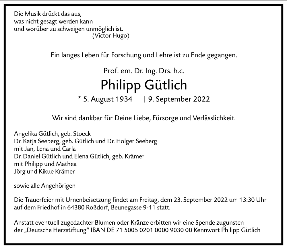  Traueranzeige für Philipp Gütlich vom 17.09.2022 aus Frankfurter Allgemeine Zeitung