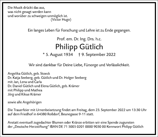 Traueranzeige von Philipp Gütlich von Frankfurter Allgemeine Zeitung