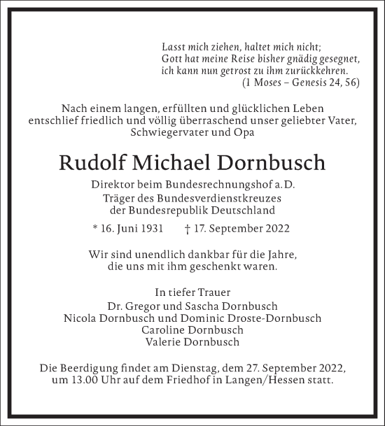 Traueranzeige von Rudolf Michael Dornbusch von Frankfurter Allgemeine Zeitung
