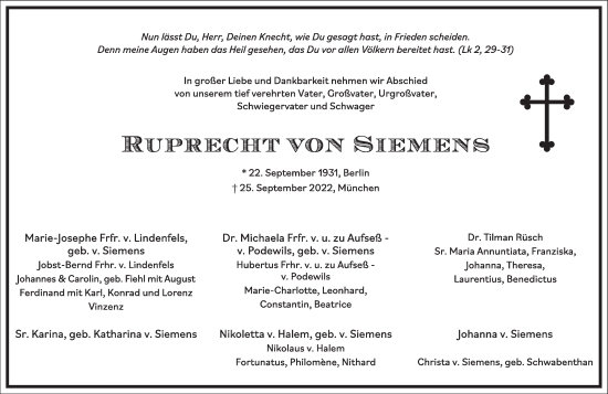 Traueranzeige von Ruprecht von Siemens von Frankfurter Allgemeine Zeitung