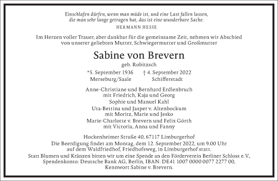 Traueranzeige von Sabine  von Brevern von Frankfurter Allgemeine Zeitung