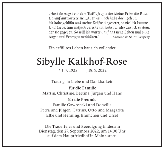 Traueranzeige von Sibylle Kalkhof-Rose von Frankfurter Allgemeine Zeitung