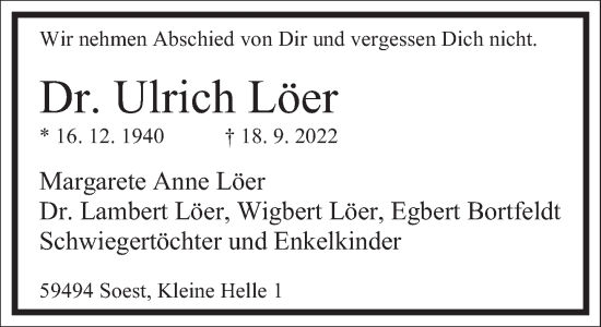 Traueranzeige von Ulrich Löer von Frankfurter Allgemeine Zeitung