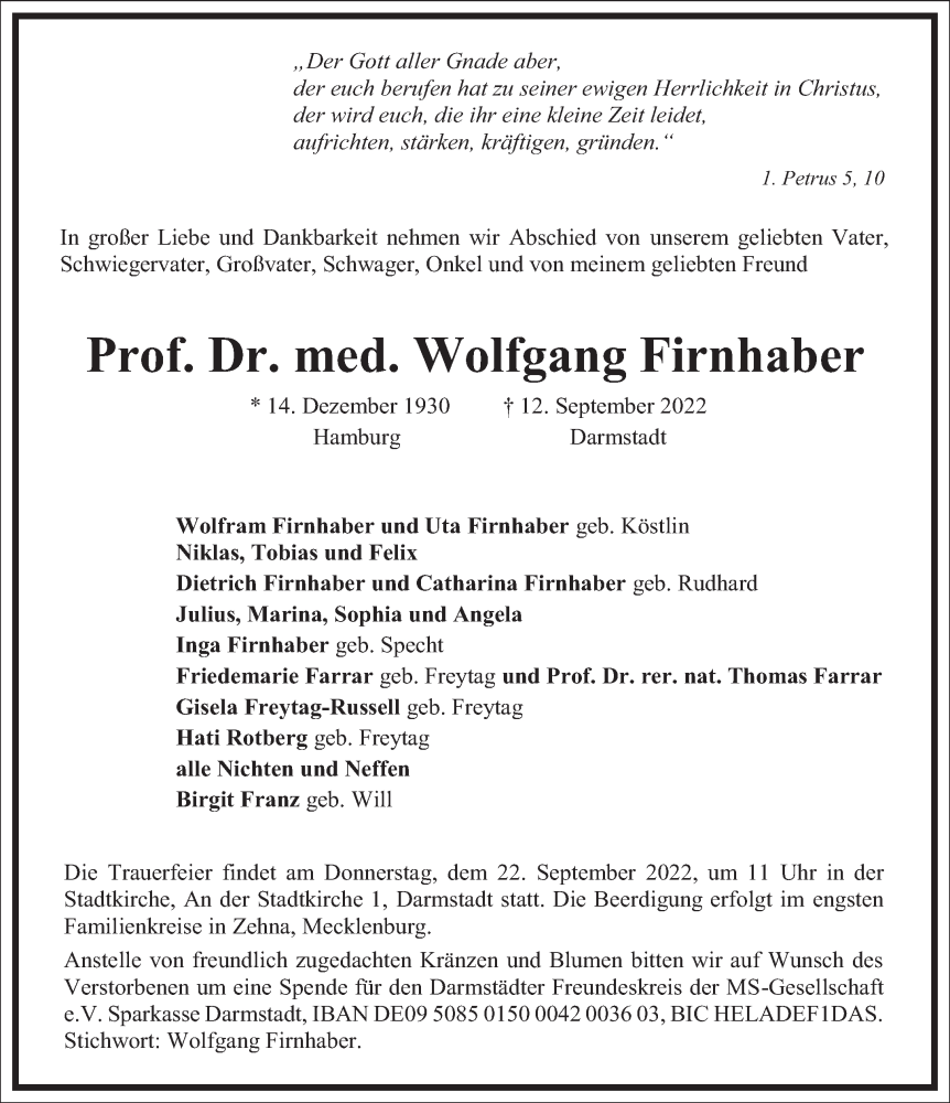  Traueranzeige für Wolfgang Firnhaber vom 17.09.2022 aus Frankfurter Allgemeine Zeitung