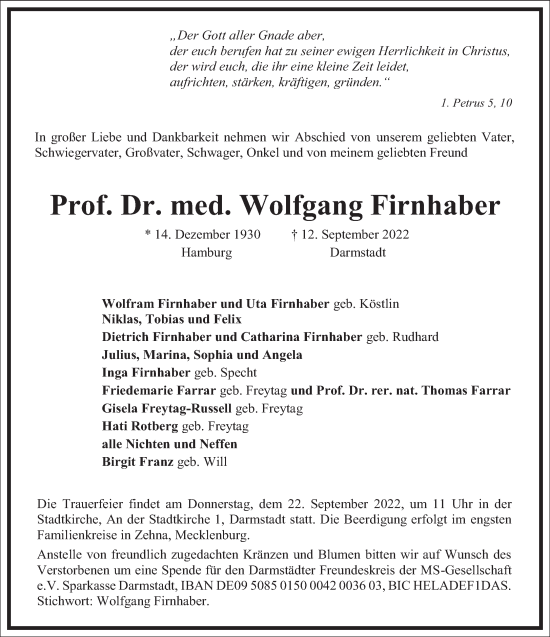 Traueranzeige von Wolfgang Firnhaber von Frankfurter Allgemeine Zeitung