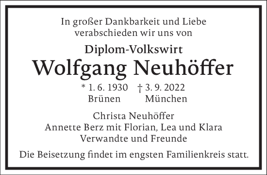 Traueranzeige von Wolfgang Neuhöffer von Frankfurter Allgemeine Zeitung